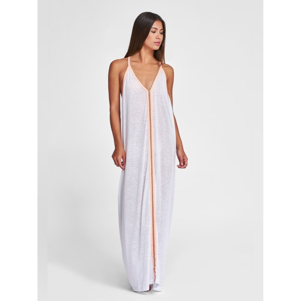 Pitusa White Inca Cover-Up Maxi Dress Cheetah Burnout Peach Trim Size Standard